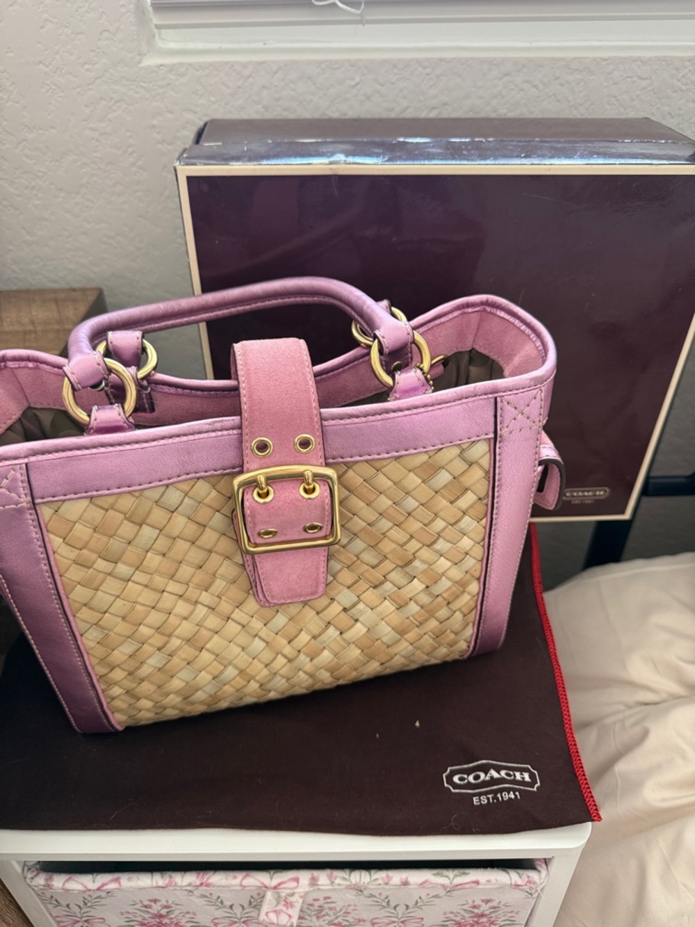 Vintage Coach Metallic Pink Straw Satchel Dust Bag and Box included